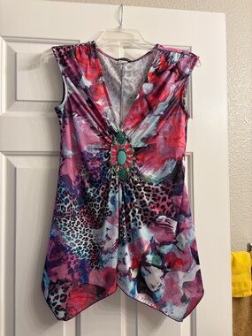 VENUS Pink Purple Blue Printed Handkerchief Hem Top with Gem Detail